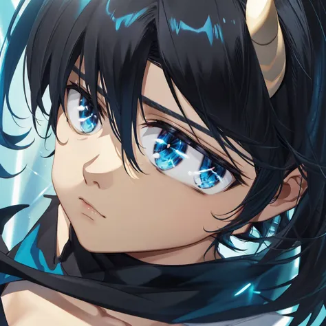 Anime boy, Cowboy shoot, Blue eyes, medium length black hair, short blue horns on the head