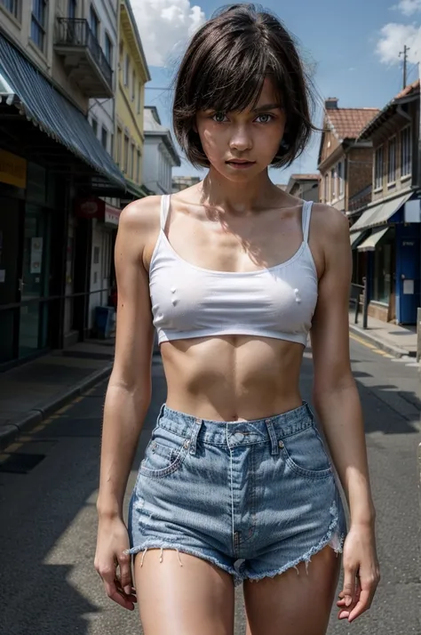 9-years-old girl, flat chest, slim, short black hair, blue eyes, wearing plain white shirt, denim shorts, city, absurdres, high res, ultrasharp, 8K, masterpiece, looking at viewer, white crop top, (flat chest), six pack abs