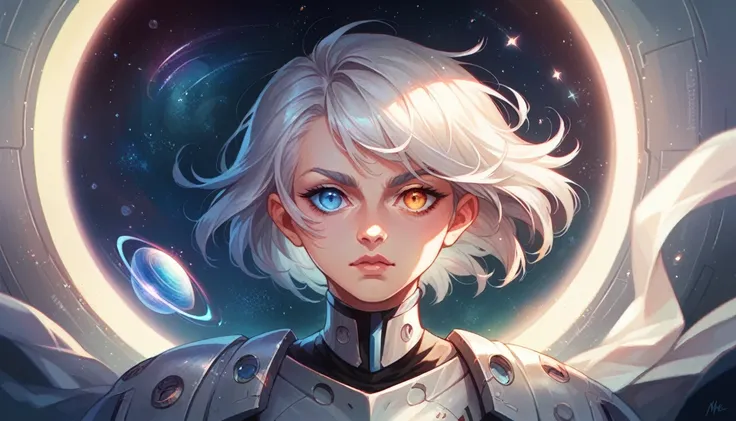 beauty, Girl, Hyperrealistic details, volumetric lighting, high quality, minute details, silver hair, heterochromia, space, particles,