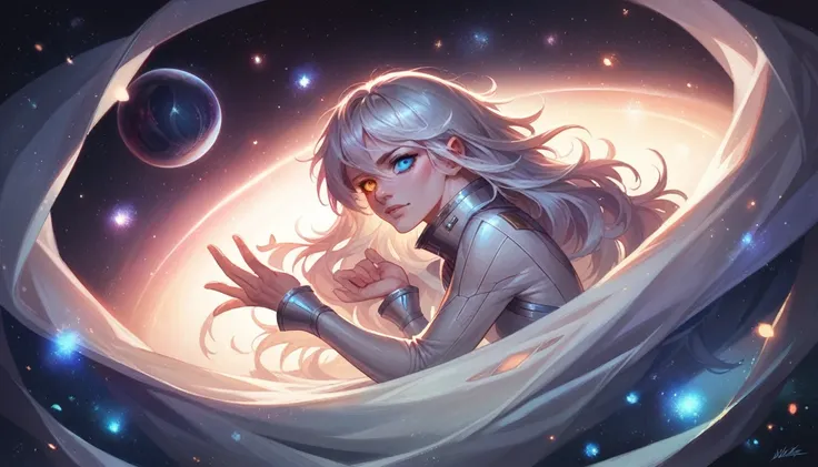 beauty, Girl, Hyperrealistic details, volumetric lighting, high quality, minute details, silver hair, heterochromia, space, particles,