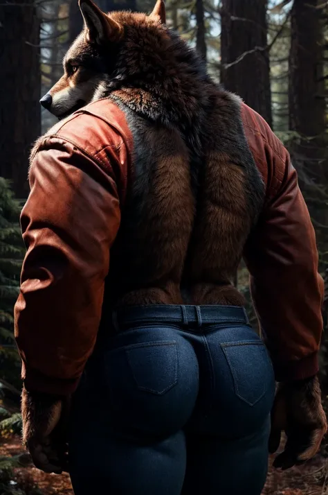 (full body shot), (realistic style), (furry), (humanoid), male wolf, full body brown fur, brown eyes, perfect muscular body, and biggest muscles, biggest pecs, biggest thighs, and biggest ass, wearing blue jeans and red plaid jacket, no shirt, realistic fo...