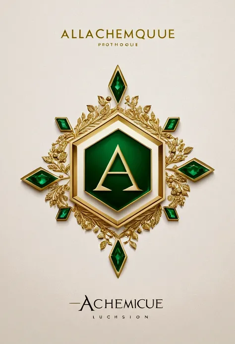 Inspired by alchemy, create an exquisite logo design for Alchemique, a luxury boutique with the most desired fashion items in the world. The logo must have a hexagonal shape, with a luxurious golden color and a subtle touch of green. Think about a gold and...