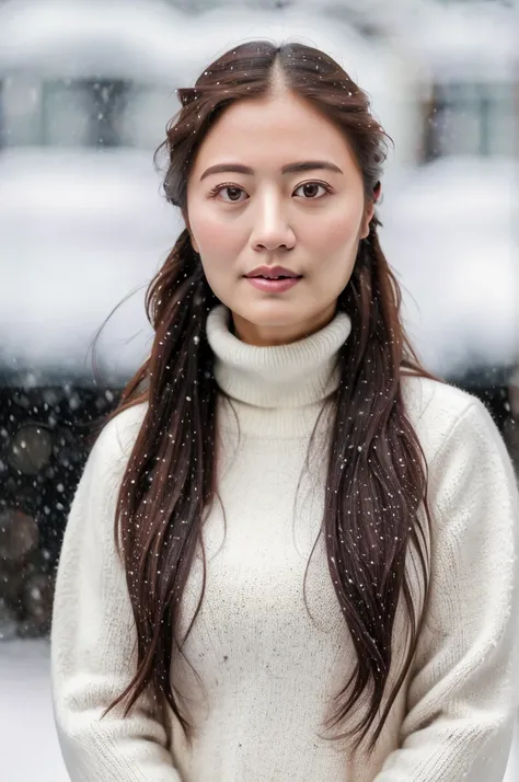 (masterpiece:1.35),(best-quality:1.4),8k,ultra-detailed,photography,(ultra-realistic:1.4), adult girl, long hair, sweater, snowing background,