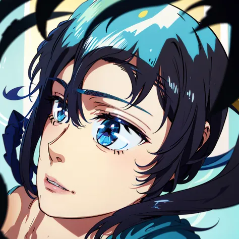 anime boy, cowboy shoot, blue eyes, medium length black hair, short blue horns on the head