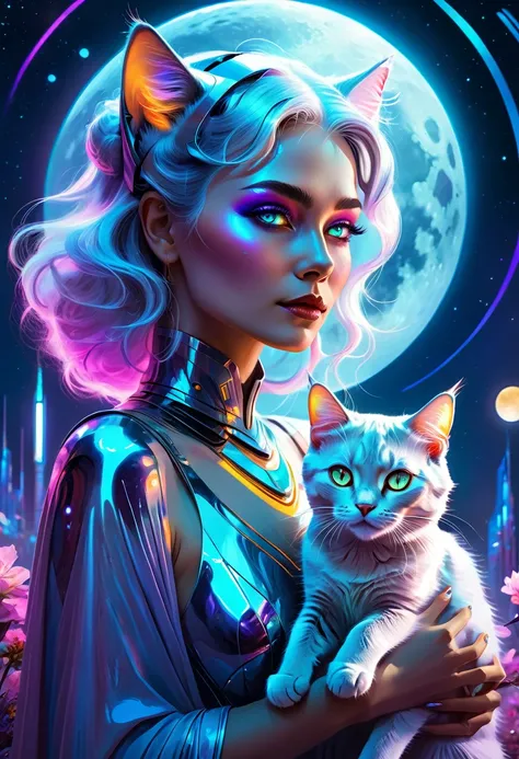 a high quality digital painting of a beautiful (neofuturistic woman), Granny (cat), Lady Moonlight, Same Ol’ Mistakes, futuristic, ethereal, surreal, glowing, vibrant colors, detailed, otherworldly, mystical, dream-like, digital art, fantasy art, cosmic, m...