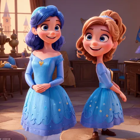 Affiche 3D inspirée de Disney Pixar, avec Une femme élégante,princesse, 25 ans, yeux bleue et cheveux bruns attaché, sourire heureux, En vêtements de princesse, elle est dans un chateau 