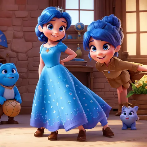 Affiche 3D inspirée de Disney Pixar, avec Une femme élégante,princesse, 25 ans, yeux bleue et cheveux bruns attaché, sourire heureux, En vêtements de princesse, elle est dans un chateau 