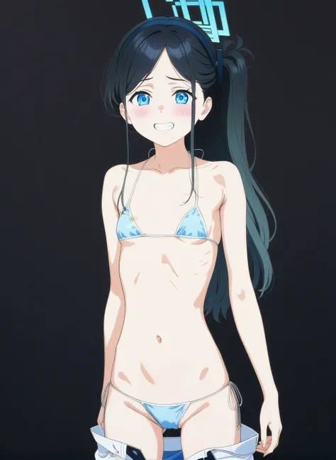 best quality, amazing quality, very aesthetic, absurdres, (1girl, aris, blue archive, solo, blue eyes), (realistic face:0.9),(string bikini:1.8), (surprised, blush, thigh:1.3), (cowboy shot), (glowing eyes), (half closed eyes:0.9), (ass), (official art:1.3...