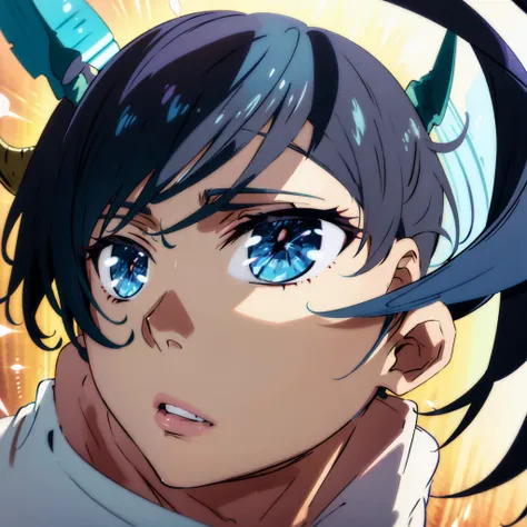 anime boy, cowboy shoot, blue eyes, medium length black hair, short blue horns on the head