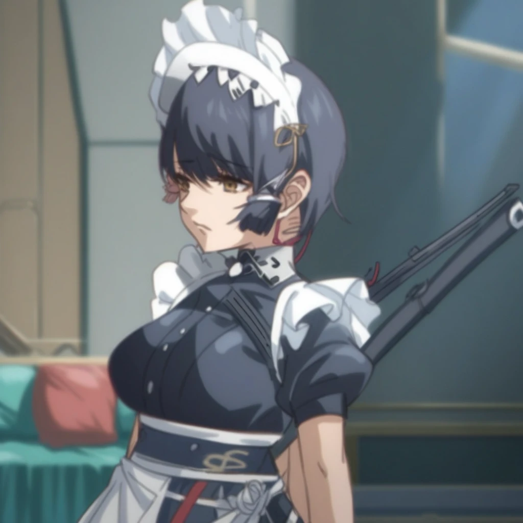 a close up of a person holding a gun in a room, from the azur lane videogame, azur lane style, anime girl in a maid costume, katana zero video game character, anime maid  ss military, maid outfit, characters from azur lane, anime maids riding early tanks, ...