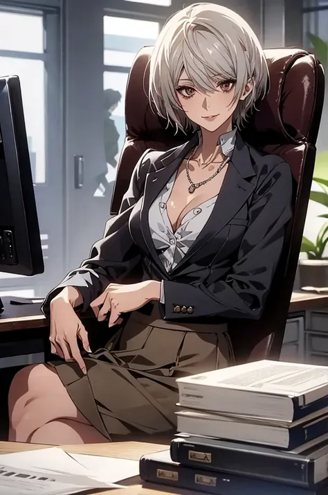 (Highest quality, High resolution, Very detailed), Silver Hair, Super short hair, Reddish brown eyes, office staff suit skirt, Large Breasts, Perfect Makeup, necklace, secretary, 24th generation, Beautiful woman, mature, quiet, Calm, A small smile, office,...