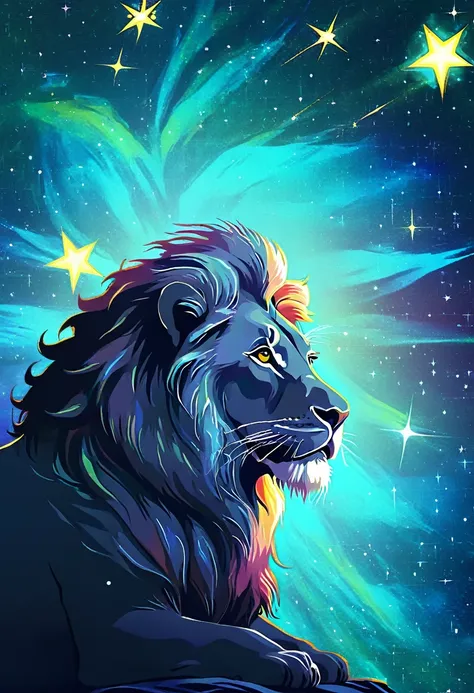 a lion silhouette composed by bright stars. Cosmic background