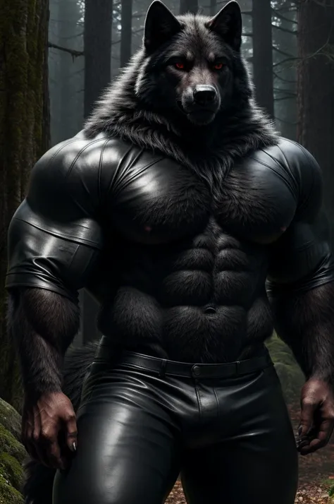 (full body shot), (realistic style), (furry), (humanoid), male wolf, full body black fur, red eyes, perfect muscular body, and biggest muscles, biggest pecs, and biggest thighs, wearing black leather pants and black leather jacket, no shirt, realistic fore...