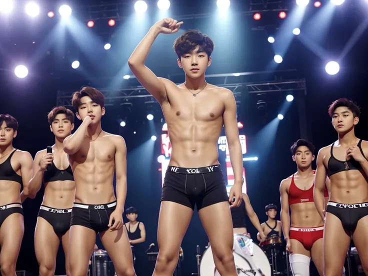 Singer idol Korean teens boy,boy band, slim skinny thin body round eyes, cropped hair, brown underwear , multiple people in background , standing on stage in city centre 