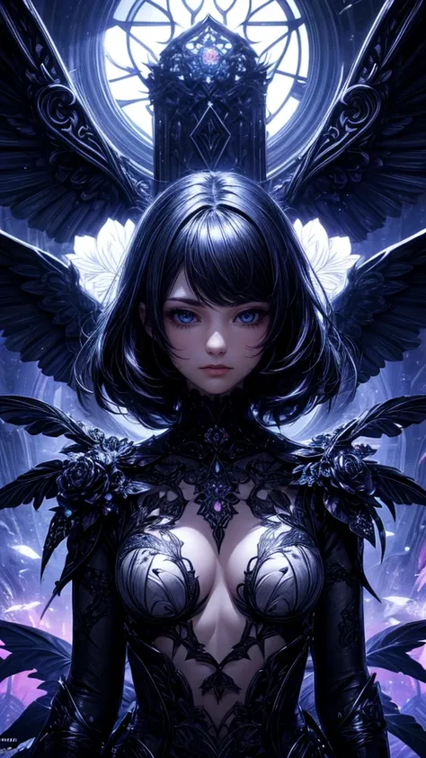 a beautiful flower angel, futuristic gothic style, extremely detailed face and body, anime-inspired, photorealistic, cinematic lighting, intricate floral patterns, ethereal wings, dramatic pose, moody color palette, volumetric light effects, hyper-realisti...