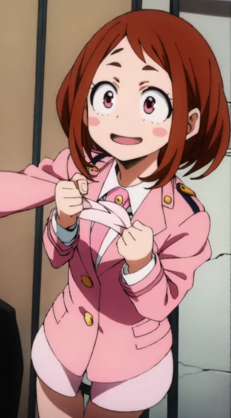 ochaco_uraraka, 1girl, solo, pink skirt suit, necktie, blush_stickers, pink pencil skirt, smile, pink blazer, long sleeves, white_shirt, blush, standing, indoors, office, full_body, high_heels (en bikini)