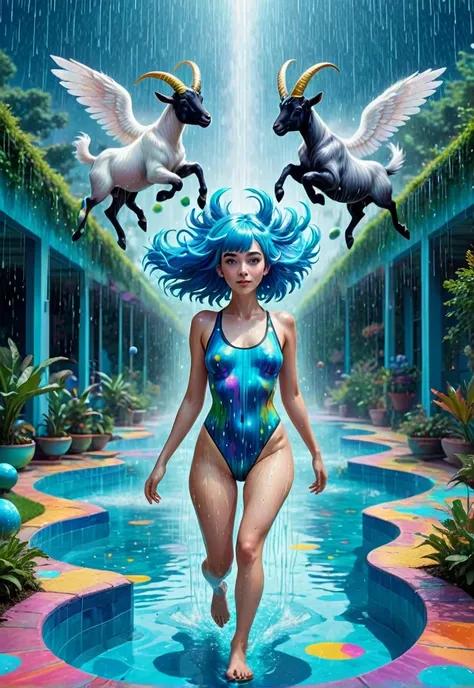 Blue haired woman, a little body fat, walking on planet earth in the shape of a swimming pool, 8k, psychedelia, rain of angels falling from the sky, black goats running 