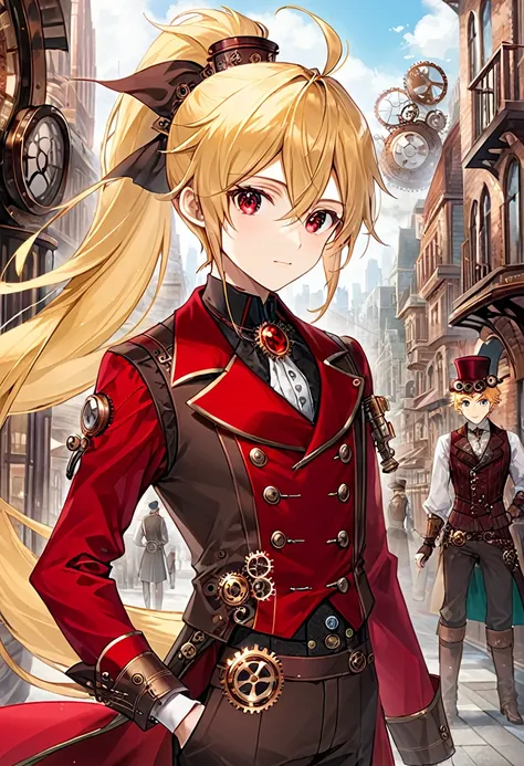 one young boy half-elf, red ruby eyes, beautiful face like girl, long ponytail blonde hair, in steampunk suit. city background.