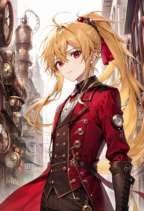 one young boy half-elf, red ruby eyes, beautiful face like girl, long ponytail blonde hair, in steampunk suit. city background.