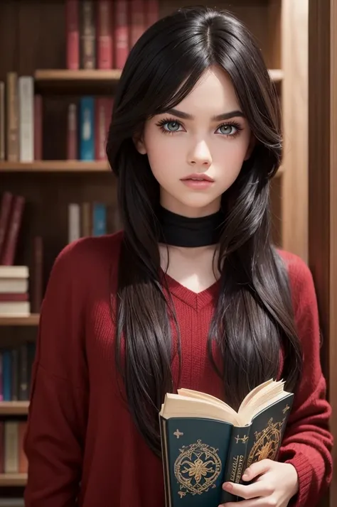 I want to create a realistic Disney Descendants 4 character with black hair light brown eyes light skin with red and black clothes holding the evil book