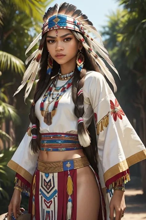 ((Zendaya is a Native American woman)), ((who wears typical Indian clothes)), (She&#39;s on the prairie with a spear in her hand), ((Thin woman)), (Small head), ((natural skin texture)), ((she has small and round breasts)), ((Expressive detailed face)), (p...