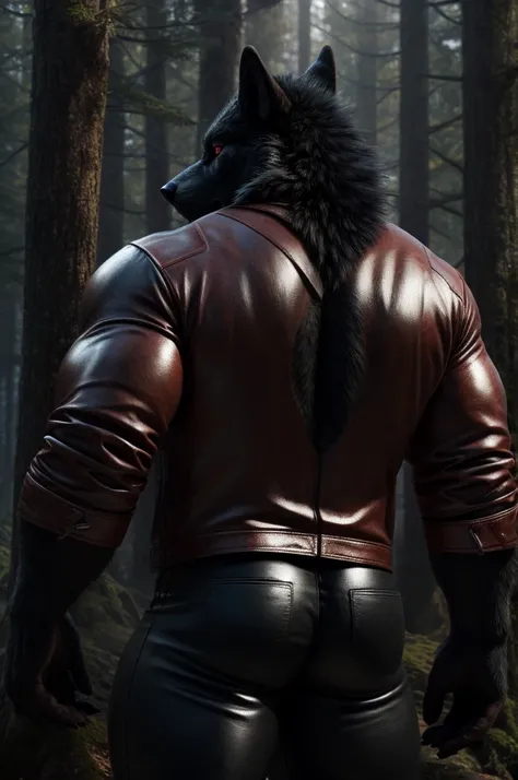 (full body shot), (realistic style), (furry), (humanoid), male wolf, full body black fur, red eyes, perfect muscular body, and biggest muscles, biggest pecs, and biggest thighs, wearing black leather pants and red leather jacket, no shirt, realistic forest...