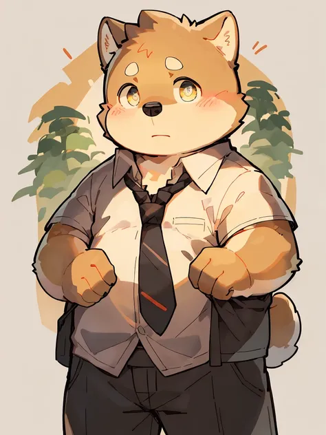 masterpiece, best quality, Perfect anatomical structure, Bright Eyes, Big watery eyes, Provided by RUHU1145, hairy, (Shiba Inu), fur(trigger:0.3)，Boys, solitary，Shy，Black pants，White shirt，((tie))，(Chubby body)