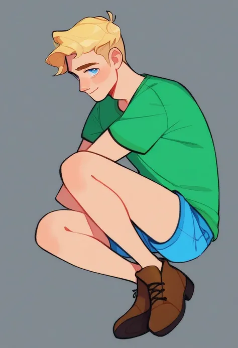 timmy_huckerdoo, 1boy, full body, solo, simple background, green shirt,  light blue shorts, brown shoes with black laces, blonde hair, light blue eyes