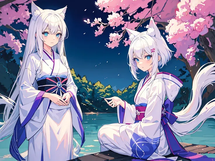 Anime girl with white hair and blue eyes wears a white kimono., white cat girl, cute catgirl anime, White-haired fox, Holo is a werewolf girl., Very beautiful anime cat girl, beautiful catgirl anime, catgirl anime, in anime style, Anime style pictures, nar...