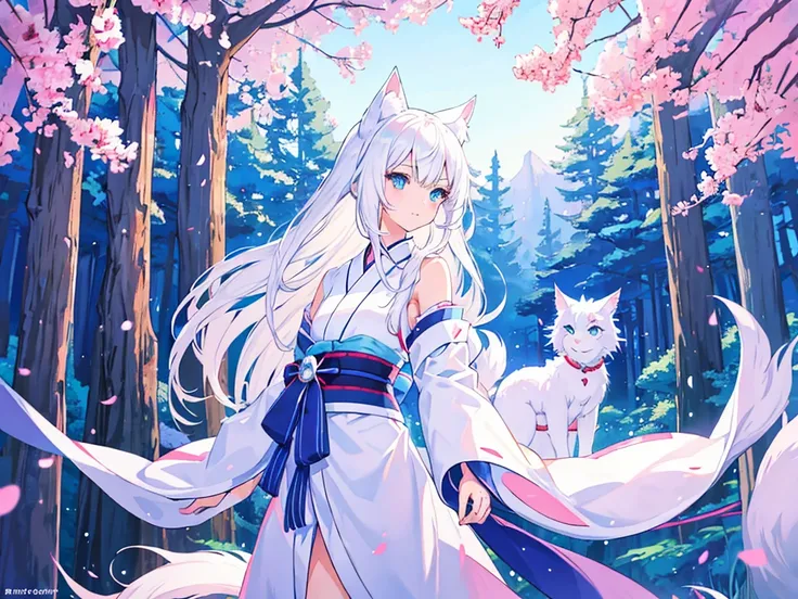 Anime girl with white hair and blue eyes wears a white kimono., white cat girl, cute catgirl anime, White-haired fox, Holo is a werewolf girl., Very beautiful anime cat girl, beautiful catgirl anime, catgirl anime, in anime style, Anime style pictures, nar...