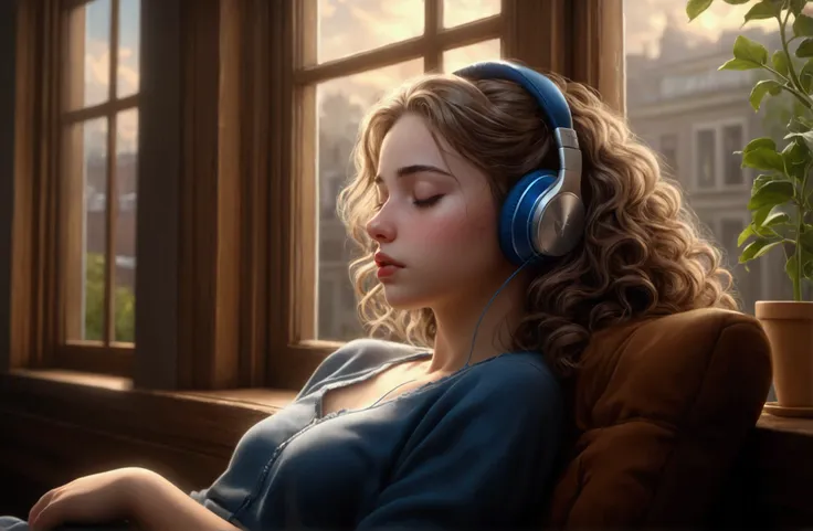 work of art, highest quallity, twelve, 1 girl, eyes locked, sleeping, detailed lips, detailed hair, detailed outfit, earbuds, Room, natta, Raby, window open, cinematic lighting, photorealisitic, 8k, hyper detailled, details Intricate, (best qualityer:1.2),...