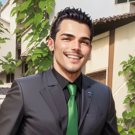 smiling man in a black shirt and green tie in front of a house, david rios ferreira, caio santos, Daniel Mirante, icaro carvalho, by Samuel Silva, ariel perez, edon guraziu, by Felipe Device, edu souza, maxwell boas, by Emerson Silva, henrique alvim corrêa...