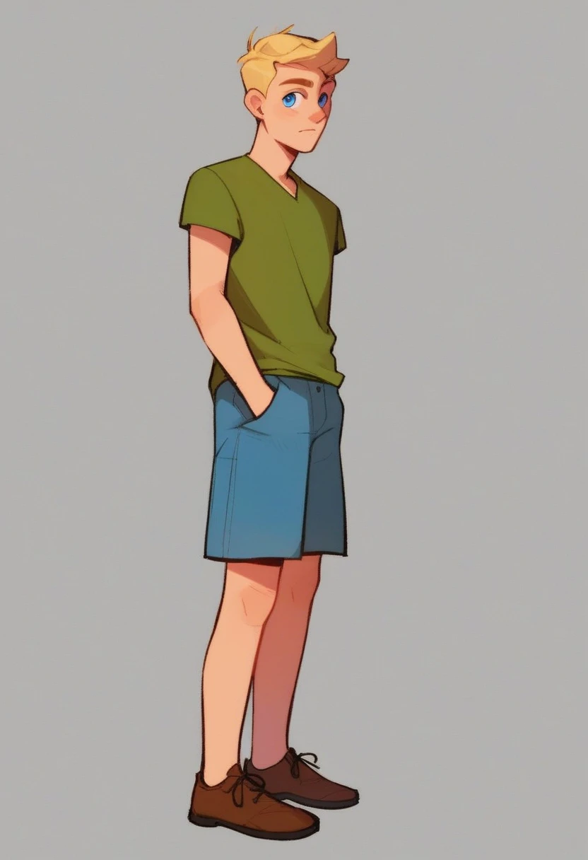 timmy_huckerdoo, 1boy, full body, solo, simple background, green shirt, light blue shorts, brown shoes with black laces, blonde hair, light blue eyes, standing