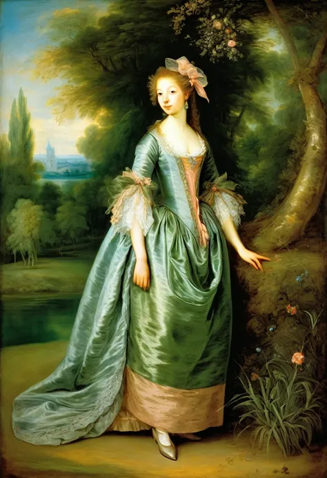 [[(full-length front view: young attractive girl) ((style Jean Antoine Watteau))]/[background:amazing Renaissance landscape based on Jean Antoine Watteau) (masterpiece)], oil painting, extreme detail, intricate, unusual, ((best quality))]