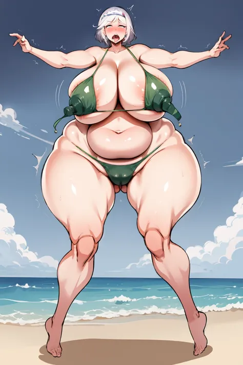 1girl, elderly,gilf, grey hair, sexy figure, ssbbw,gilf, micro bikini, see through bikini, (shot from below), sagging breasts, underboobs, (skindentation:1.4), showing cleavage , gigantic ass, insanely inflated hips,very large bosum,largest haunches, ahega...