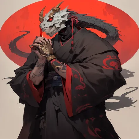 a drawing of a man with a dragon head and a sword, beautiful male god of death, villain wearing a red oni mask, inspired by Kanō Hōgai, cute japanese demon boy, Demon Samurai, Samurai with demon mask, handsome guy in demon slayer art, inspired by Naomi, sh...