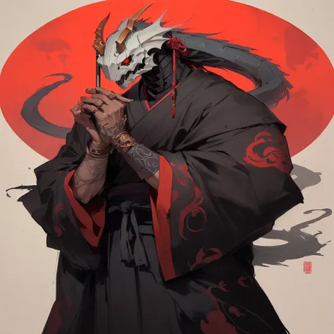 a drawing of a man with a dragon head and a sword, beautiful male god of death, villain wearing a red oni mask, inspired by Kanō Hōgai, cute japanese demon boy, Demon Samurai, Samurai with demon mask, handsome guy in demon slayer art, inspired by Naomi, sh...