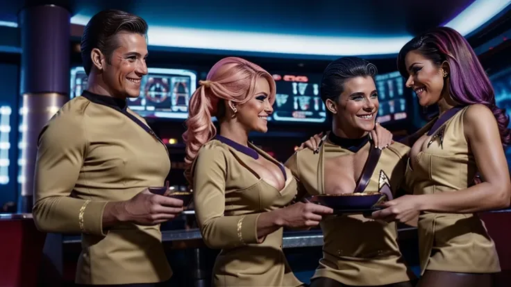 A fun sexy restaurant like Hooters but with a futuristic Star Trek theme, flirty waiters and waitresses, sexy Star Trek uniforms, variety of gender ethnicity and hair colour, cleavage, sexy legs, (((men and women having fun touching each other in a sexual ...