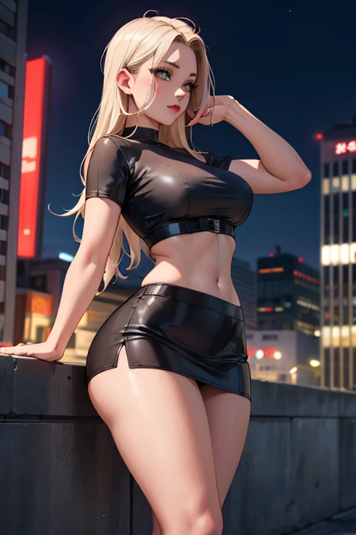 masterpiece, best quality, shadows, perfect hands, perfect legs, perfect anatomy, pretty face, mature features, 1 girl, 21 years old, MILF, mature woman, tight crop top, sexy leather skirt, city night background, white long hair, thighs, ass, breast, seduc...