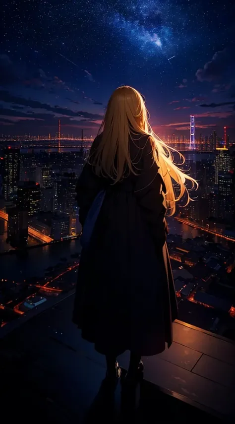 １people々々々々々々,blonde long-haired woman，long coat， dress silhouette， rear view，space sky, comet, anime style, city night view fro...