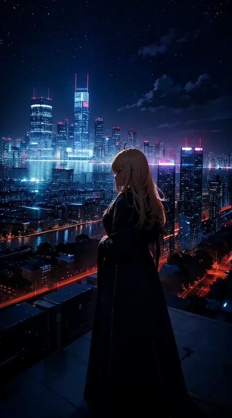 １people々々々々々々,blonde long-haired woman，long coat， dress silhouette， rear view，space sky, comet, anime style, city night view fro...