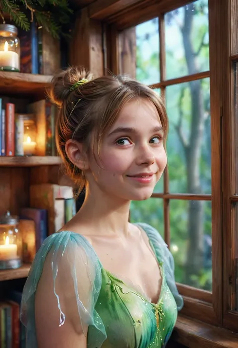 masterpiece:1.20, simple watercolor:1.5, uhd, hdr, 8k, unreal engine 5, ray tracing:1.20, low light painting, dramatic cinematic lighting, vibrant colors, vivid colors,  Award-winning facial portrait of young Tinkerbell, (only face and upper body:1.3), (cl...