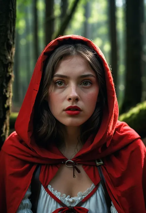 (masterpiece:1.3), highes quality, high quality photo, little red riding hood weary in the woods, dark,  low-key, raw photo, sub...