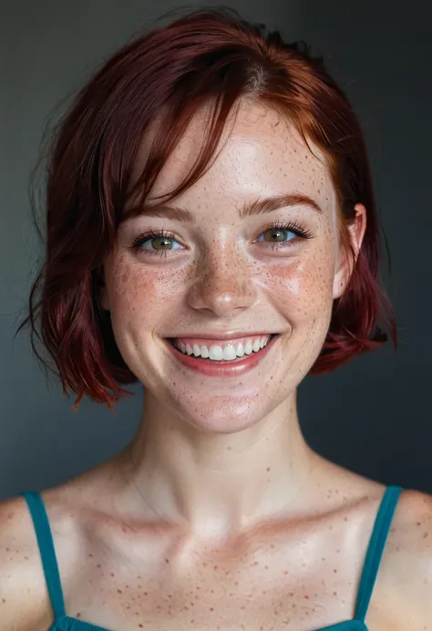 beautiful lady, (freckles), big smile, ruby eyes, short hair, dark makeup, hyperdetailed photography, soft light, head and shoul...