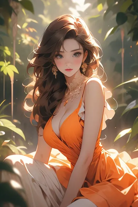 Beautiful, extremely attractive woman (brunette with dark brown hair), large breasts, soft hips; she is in the middle of the forest (soft, warm lighting); she is wearing a dress tight around her waist (her dress is orange mixed with violet); wide neckline ...