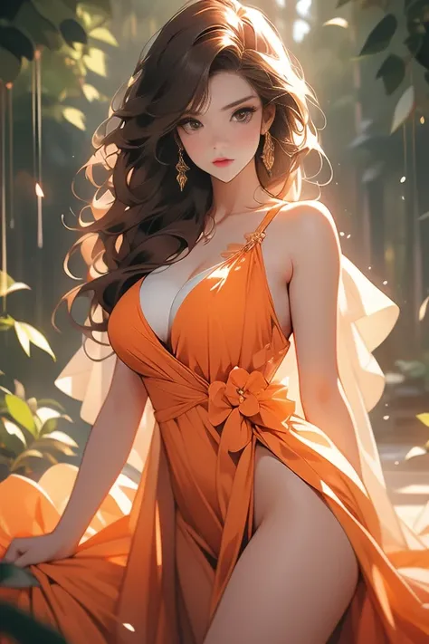 Beautiful, extremely attractive woman (brunette with dark brown hair), large breasts, soft hips; she is in the middle of the forest (soft, warm lighting); she is wearing a dress tight around her waist (her dress is orange mixed with violet); wide neckline ...