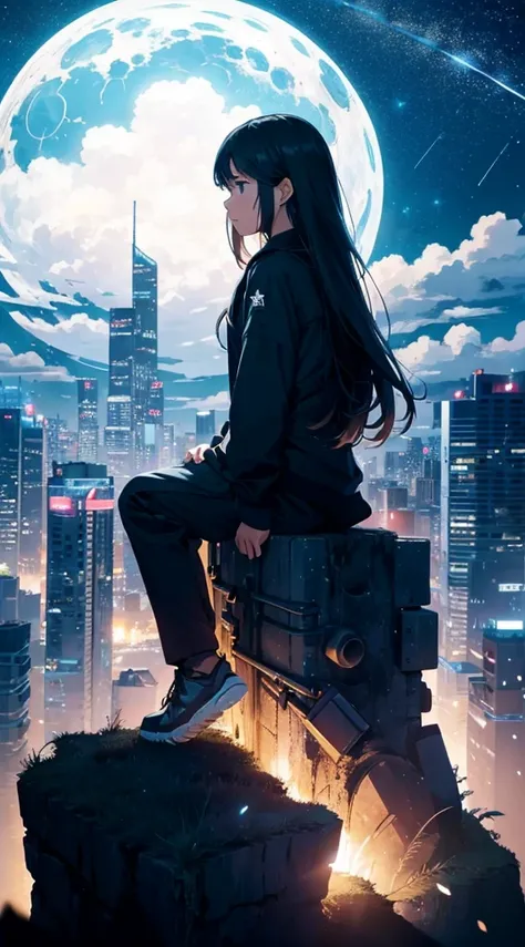 octans, sky, star (sky), scenery, starry sky, night, 1girl, night sky, solo, outdoors, building, cloud, milky way, sitting, tree, long hair, city, silhouette, cityscape