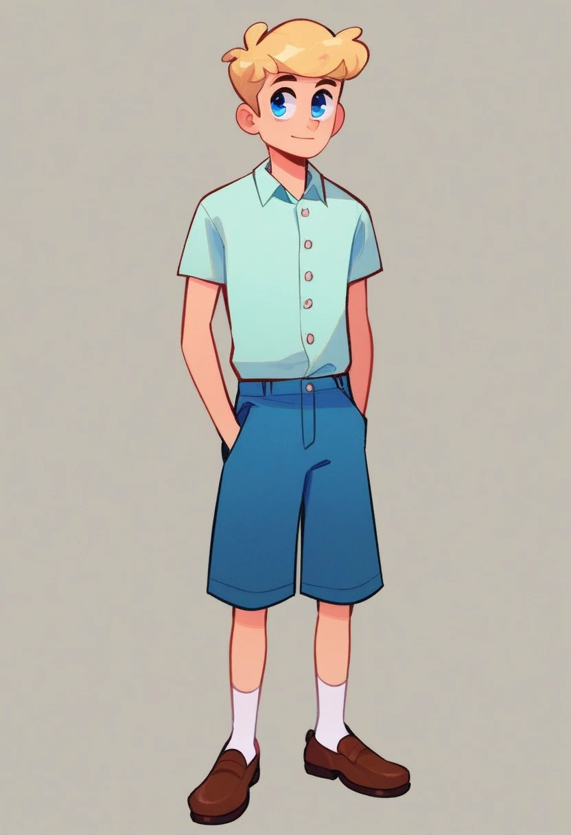 timmy_huckerdoo, 1boy, full body, solo, simple background, green shirt, light blue shorts, brown shoes with black laces, blonde hair, light blue eyes, standing, 3 white buttons on shirt