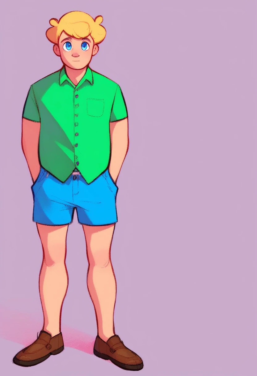 timmy_huckerdoo, 1boy, full body, solo, simple background, green shirt, light blue shorts, brown shoes with black laces, blonde hair, light blue eyes, standing, 3 white buttons on shirt