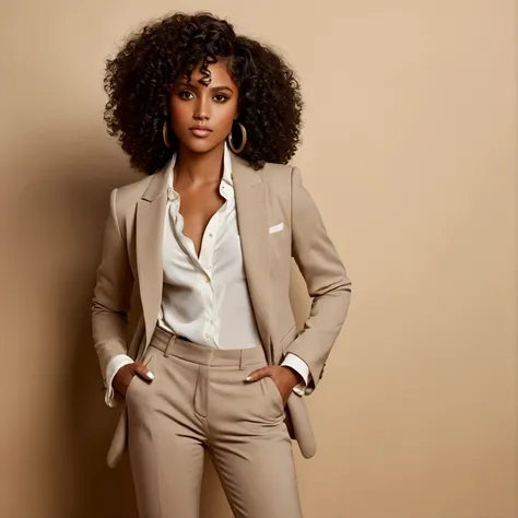 A very beautiful black girl with curly hair and brown eyes. If a beige blazer pants a black heel